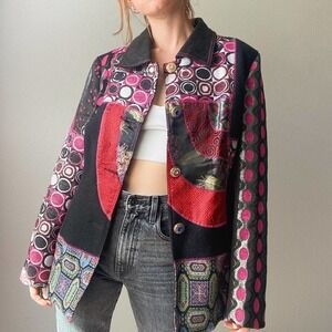 Vintage Y2K Mistro Image Pink Black Patchwork Funky Button Up Coat